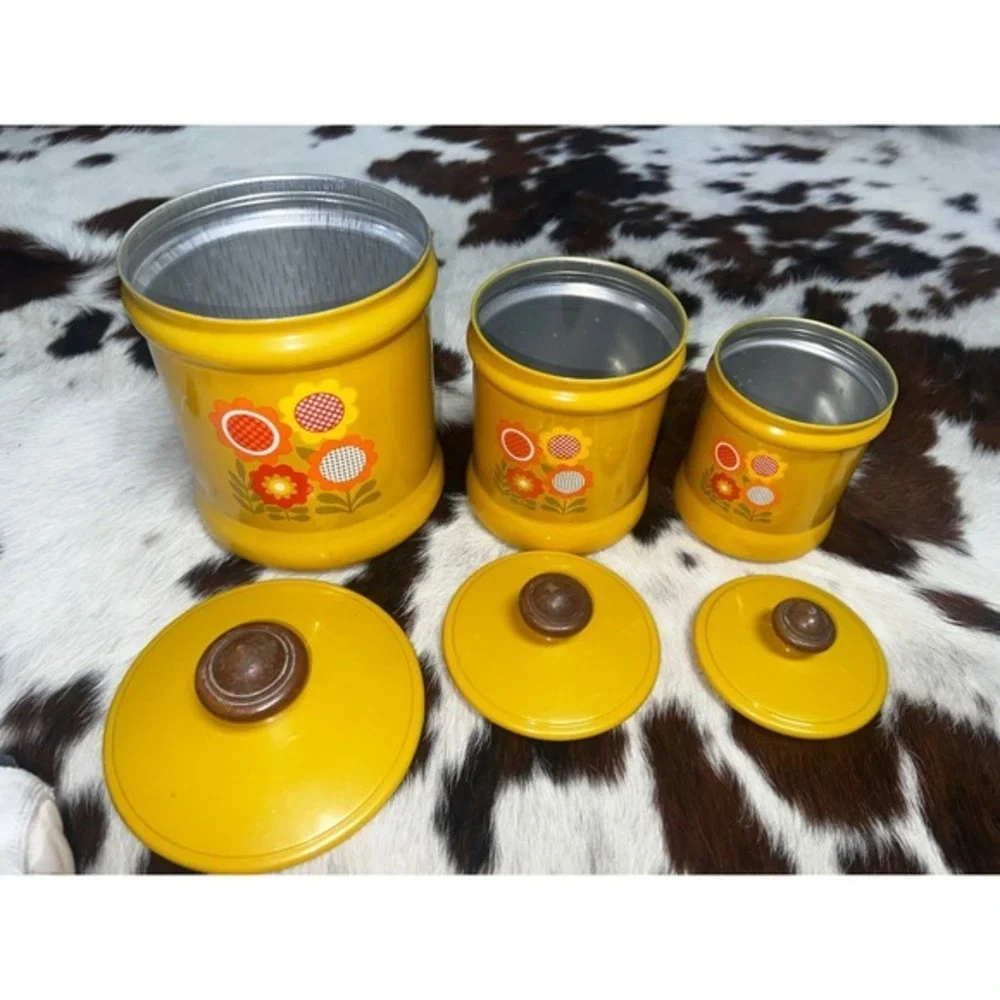 West Bend Vintage 70s Harvest Yellow Floral Aluminum Canister Set 3pc Wood Knobs